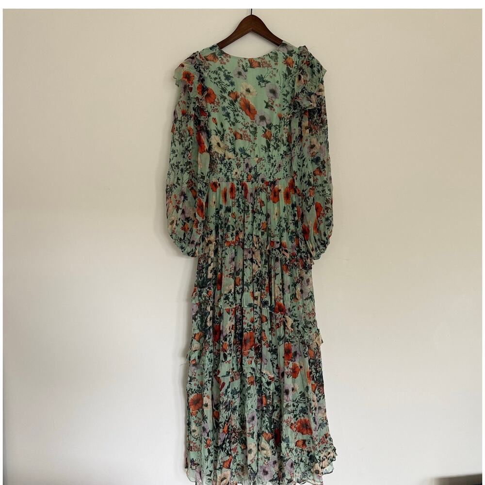 BHLDN Floral Chiffon Plunge Long-Sleeve Ruffle Maxi Dress Size US S - Picture 8 of 12
